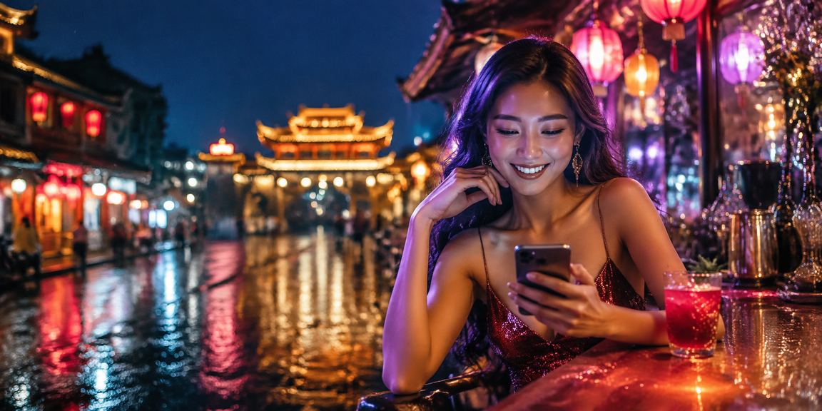 Giao diện casino trực tuyến trên điện thoại di động với ánh đèn neon tại Huế về đêm